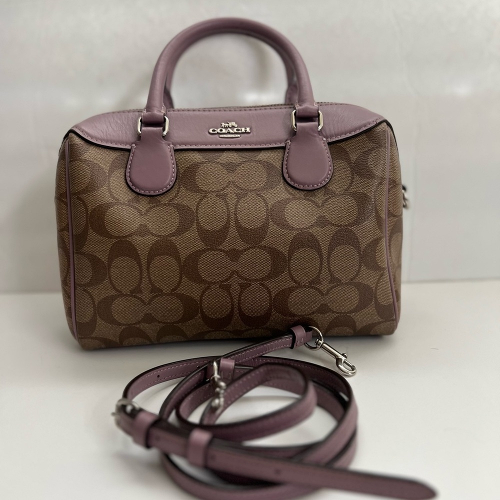 Coach Small Rowan CC signature brown and Lilac trim Crossbody Bag - Picture 2 of 15